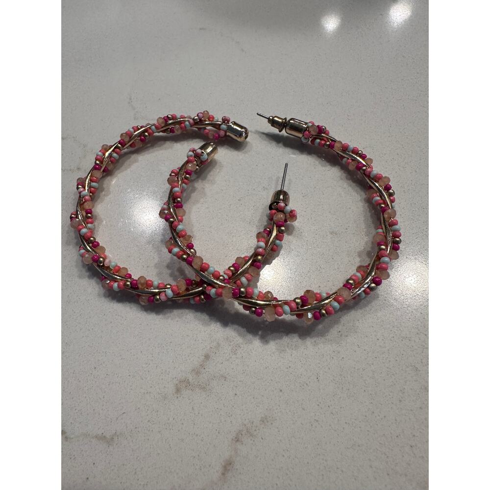 Beaded Multi Color Open Hoop Earring Studs - Picture 2 of 5